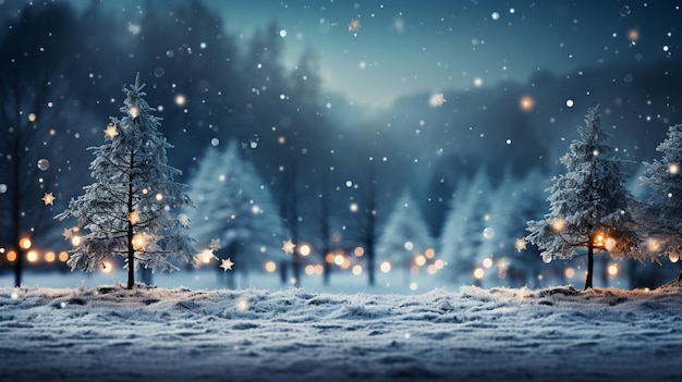 paisaje de invierno con árboles nevados y luces de Navidad