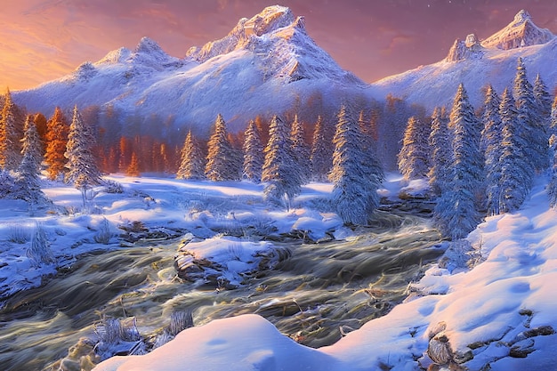 Paisaje de invierno con arte de color de nieve.