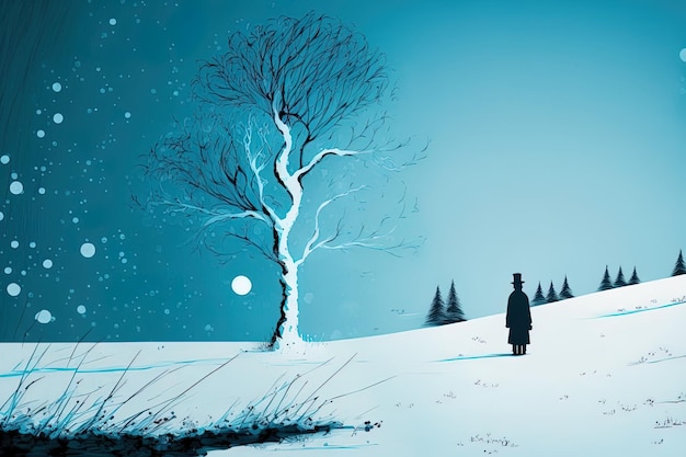 Paisaje de invierno azul con un árbol y un muñeco de nieve en un estilo de dibujos animados abstractos