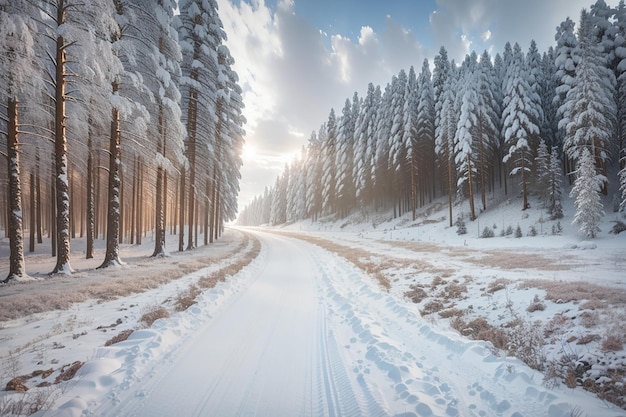 Paisaje de invierno bosque de invierno camino de invierno y árboles cubiertos de nieve Alemania toma panorámica