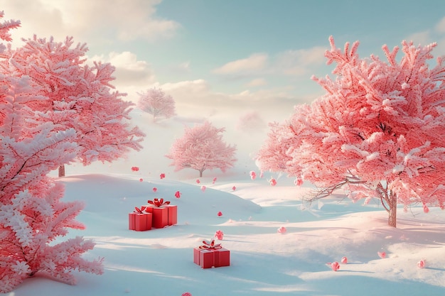 Foto paisaje de invierno con cajas de regalos rojas y árboles rosados en la nieve