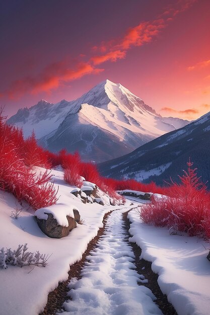 Un paisaje de invierno con un camino cubierto de nieve y un cielo rojo con una montaña en el fondo