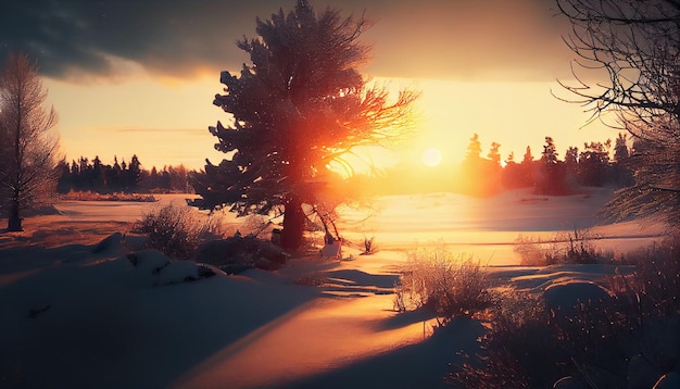 Paisaje de invierno con camino nevado y árboles al atardecergenerativo ai