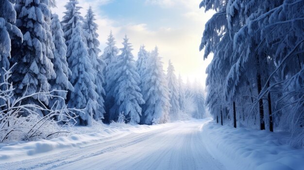 Paisaje de invierno Caminos nevados a través del bosque blanco y la naturaleza