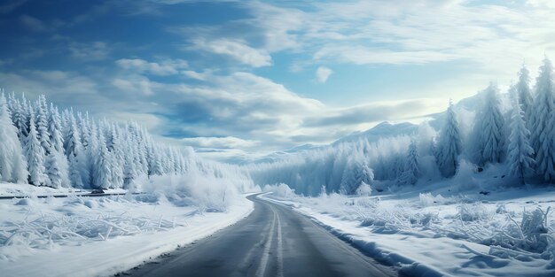 paisaje de invierno carretera en el bosque nevado