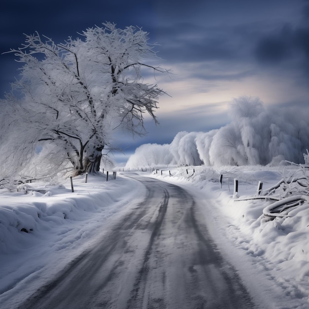 Paisaje de invierno con carreteras y árboles cubiertos de escarcha al atardecer