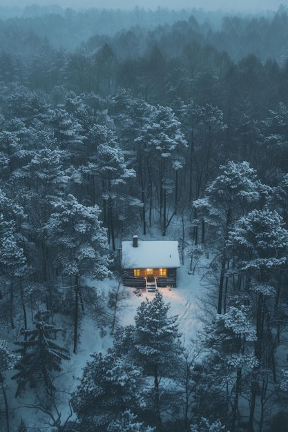 Paisaje de invierno con una casa foto realista