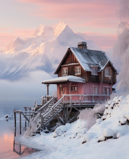 Paisaje de invierno con casa de madera rosada.