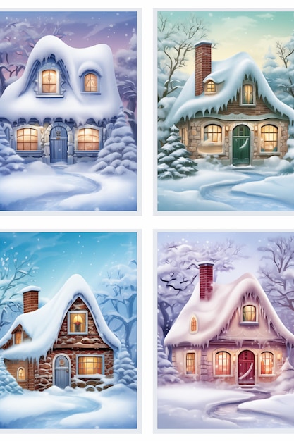 Paisaje de invierno con casas Conjunto de fondos de invierno
