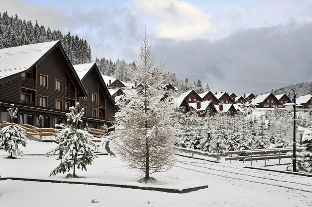 paisaje de invierno Casas de madera tradicionales en la ladera de una colina en las montañas de los Cárpatos rodeadas de abetos nevados.