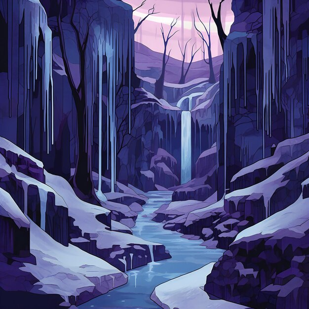 Paisaje de invierno con cascada y ilustración de cueva de hielo para su diseño