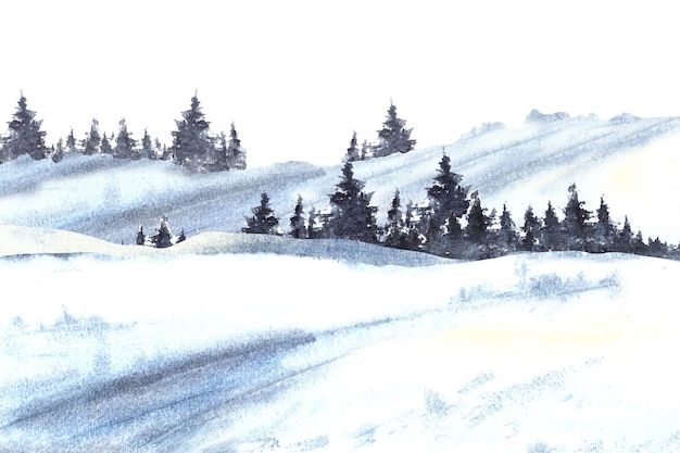 Paisaje de invierno con colinas nevadas y abetos de pino helados Ilustración de acuarela pintada a mano