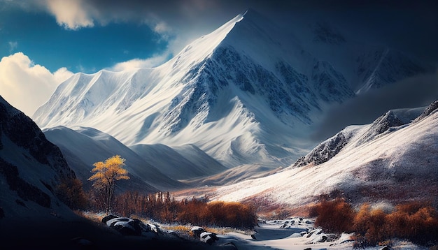 Paisaje de invierno creado por la imaginación en formato de gráficos. Una escena de montañas nevadas. IA generativa