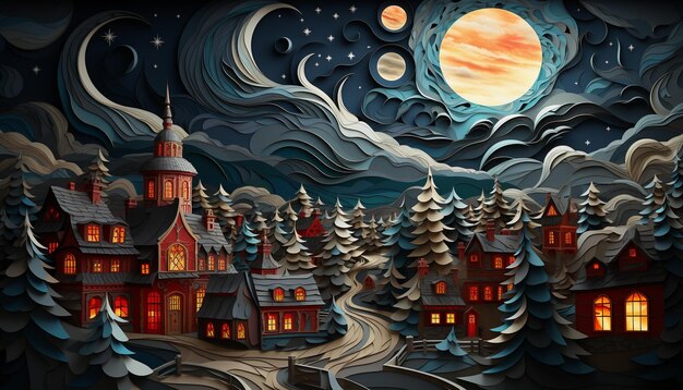 Paisaje de invierno de dibujos animados con casas de cuento de hadas luna y nubes