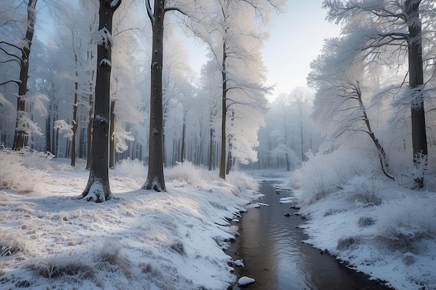 Paisaje de invierno de escarcha boscosa con árboles cubiertos de nieve