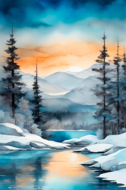 Paisaje de invierno en estilo retro Hermosas acuarelas de un lago de invierno entre altas montañas