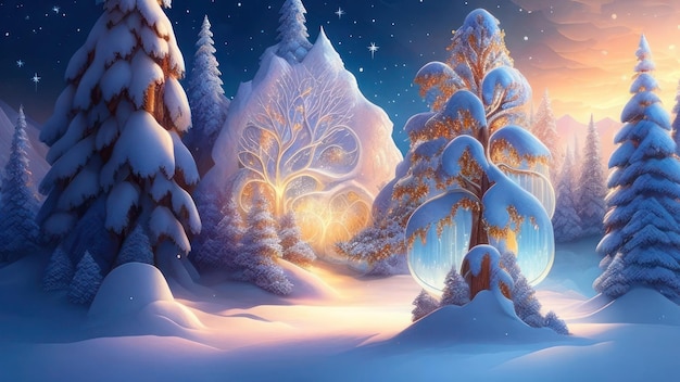 Paisaje de invierno de fantasía con árboles cubiertos de nieve ilustración 3D