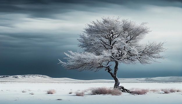 Paisaje de invierno de fantasía con árboles cubiertos de nieve y montañas generativas ai