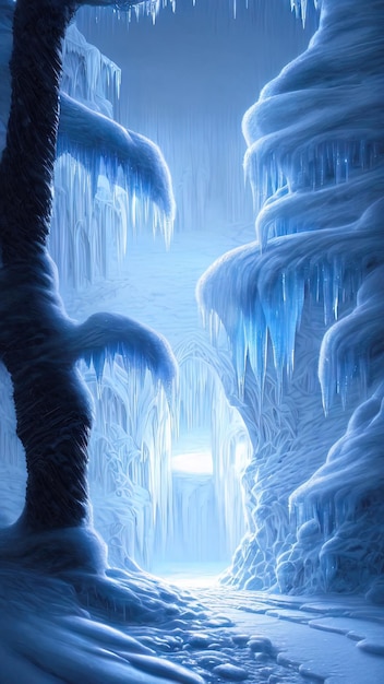 Paisaje de invierno de fantasía árboles de río congelados en la nieve Hermoso fondo de invierno Cuento de hadas mágico paisaje de neón bosque de invierno portal magia 3D ilustración