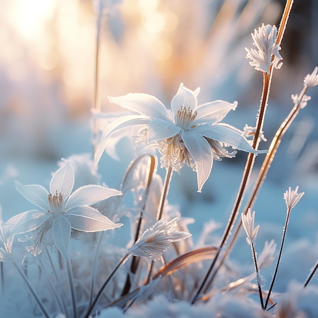 Paisaje de invierno con flores de hielo helado nieve y cristales Ai generativo