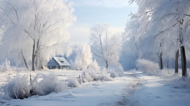 Paisaje de invierno hermoso paisaje nevado en un clima soleado en un pueblo fuera de la ciudad invierno helado ruso