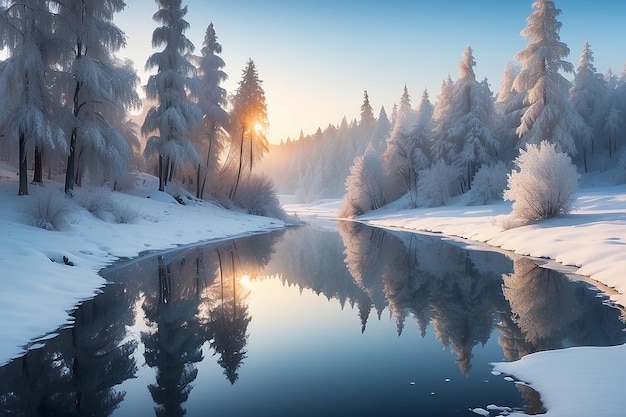 Paisaje de invierno con un hermoso reflejo en el agua