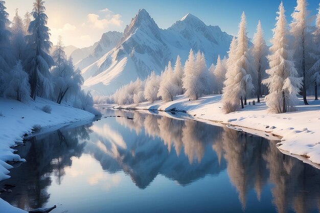 Paisaje de invierno con un hermoso reflejo en el agua