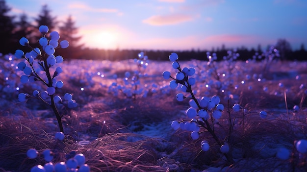 Paisaje de invierno con hierba congelada y bayas azules en el fondo de la puesta de sol