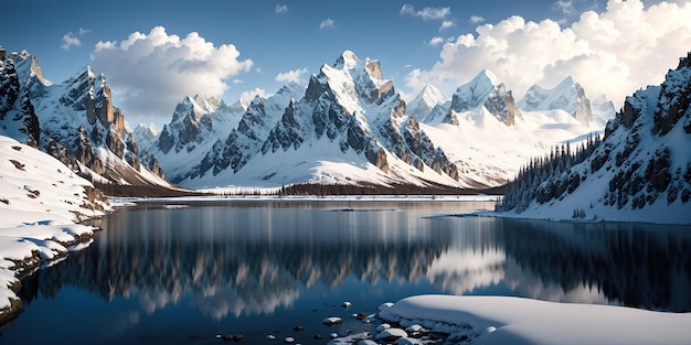 Paisaje de invierno lago entre altas montañas contra el cielo azul