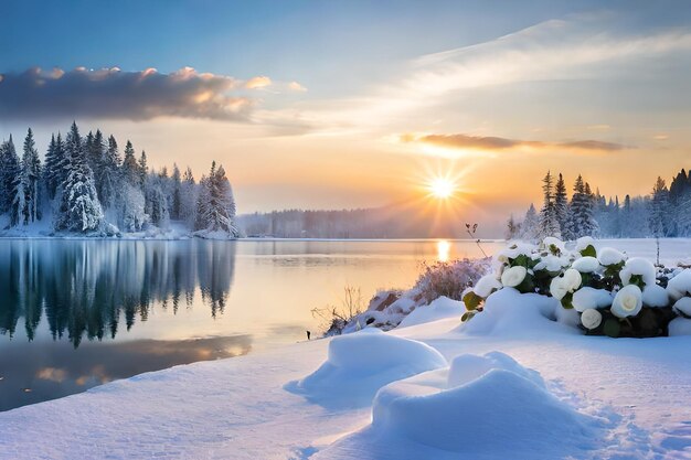 paisaje de invierno con un lago y árboles cubiertos de nieve