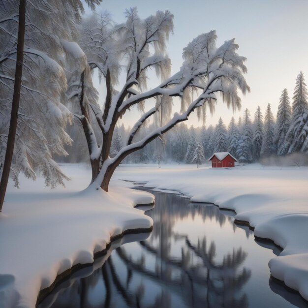 Paisaje de invierno con lago congelado y granero rojo en el bosque nevado generativo ai