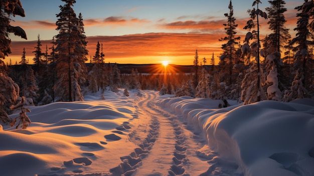 Un paisaje de invierno maravilloso con mucha nieve