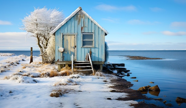 Paisaje de invierno minimalista junto al agua con una cabaña de madera generada por la IA