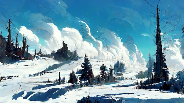 Paisaje de invierno navideño con corrientes de nieve Ilustración 3D