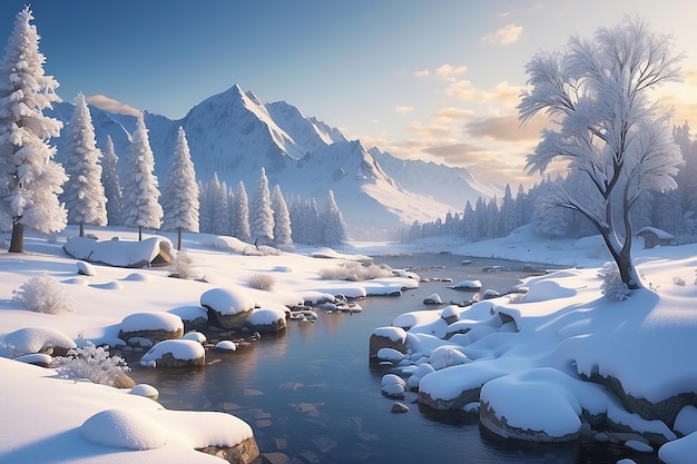 Paisaje de invierno nevado 3d