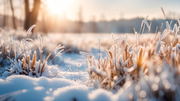 Paisaje de invierno nevado hierba congelada en primer plano