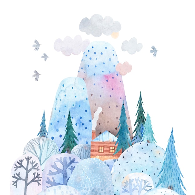 Paisaje de invierno Paisaje de montaña colinas bosque choza solitaria pájaros y nubes Ilustración acuarela Cartel infantil