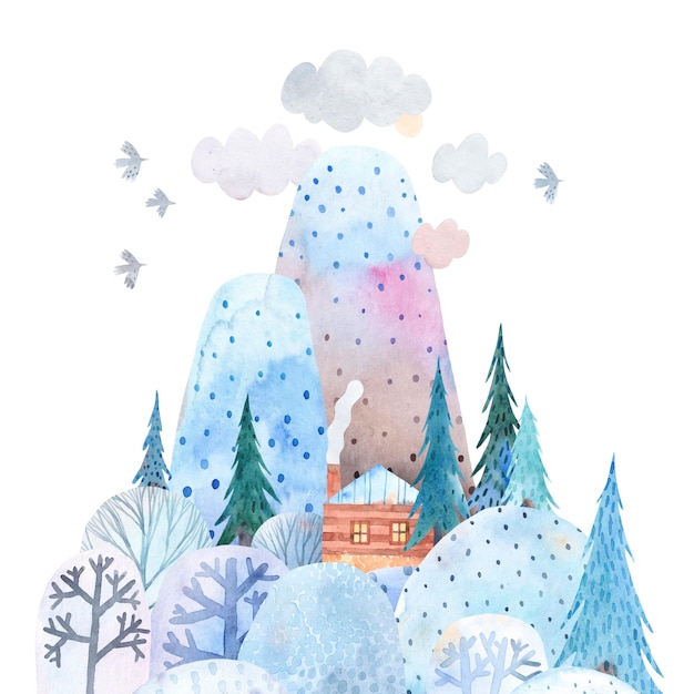 Paisaje de invierno Paisaje de montaña colinas bosque choza solitaria pájaros y nubes Ilustración acuarela Cartel infantil