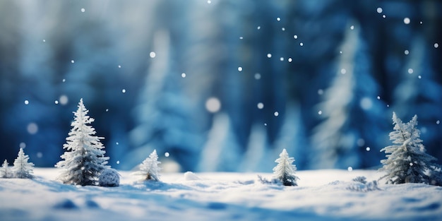 paisaje de invierno Pinos con nieve y bosque en el fondo Abstracto copos de nieve borrosos