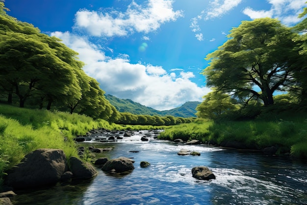 Paisaje de Irlanda con un río en el bosque Montañas en el fondo Arte de IA generativa