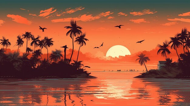 Paisaje de la isla de Palm Paradise Sunset Beach con IA generativa al atardecer