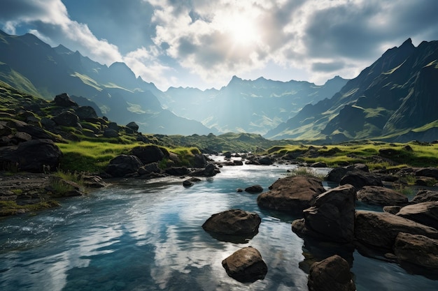 Paisaje de Islandia con verdes valles, montañas y nubes blancas Arte generativo de IA hermosa vista