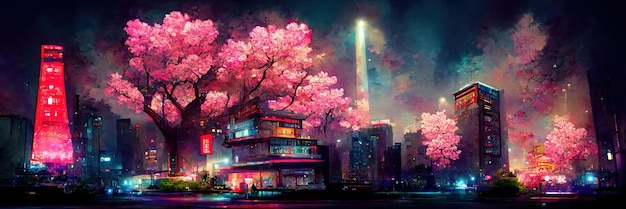 Paisaje japonés de la ciudad nocturna de fantasía, luz de neón, edificios residenciales, gran árbol de sakura.