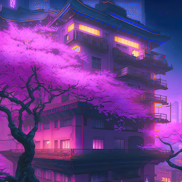 Paisaje japonés de la ciudad nocturna de fantasía, luz de neón, edificios residenciales, gran árbol de sakura.