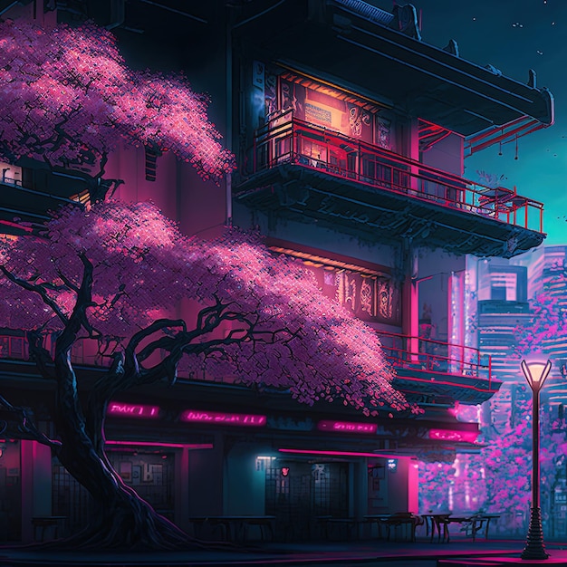 Paisaje japonés de la ciudad nocturna de fantasía, luz de neón, edificios residenciales, gran árbol de sakura.
