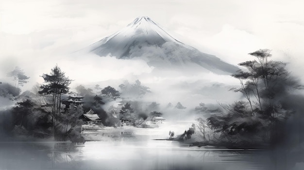 Un paisaje japonés con una montaña al fondo.
