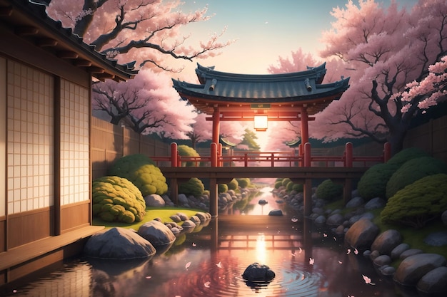 Paisaje japonés con ríos sakura y un puente.