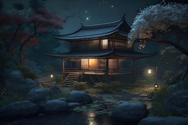 Paisaje japonés en la vista nocturna del templo y sakura en primavera IA generativa