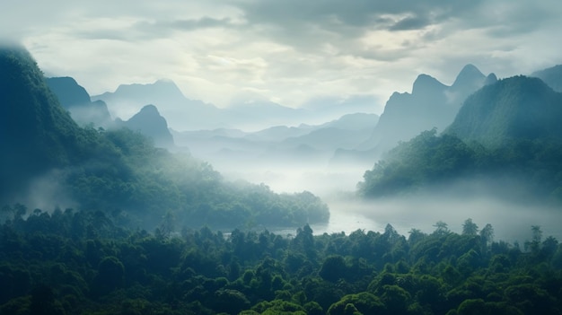 Un paisaje de una jungla en la niebla