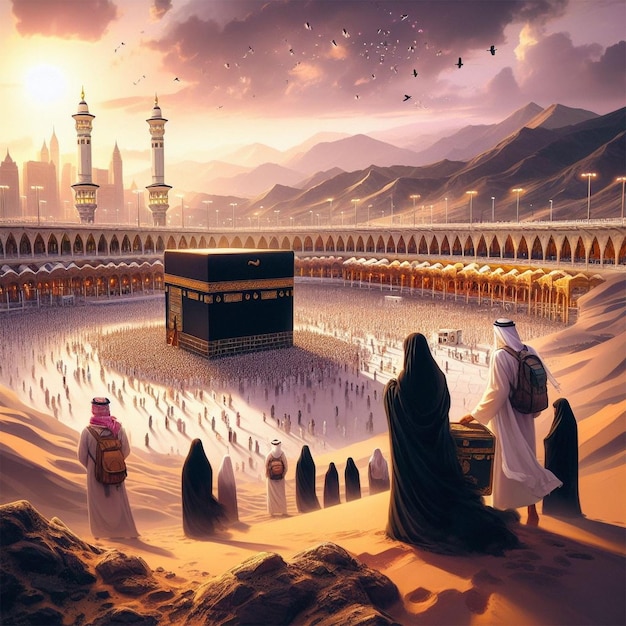 El paisaje de la Kaaba es de arena Muslimah niña hermosa hombre guapo